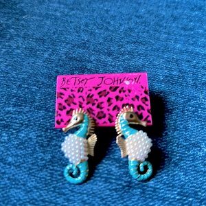 Betsey Johnson earrings, seahorses, pearl, gold, and turquoise